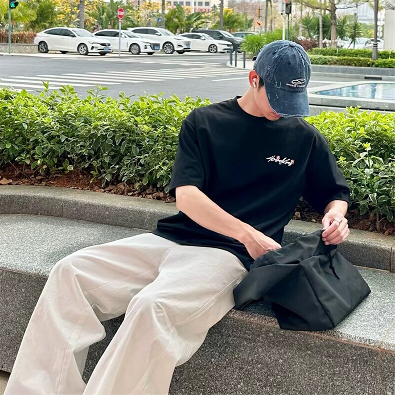 万针全刺绣工艺抖音得物高品质260克重磅纯棉双纱美式高街短袖T恤,男装T恤,电商A486