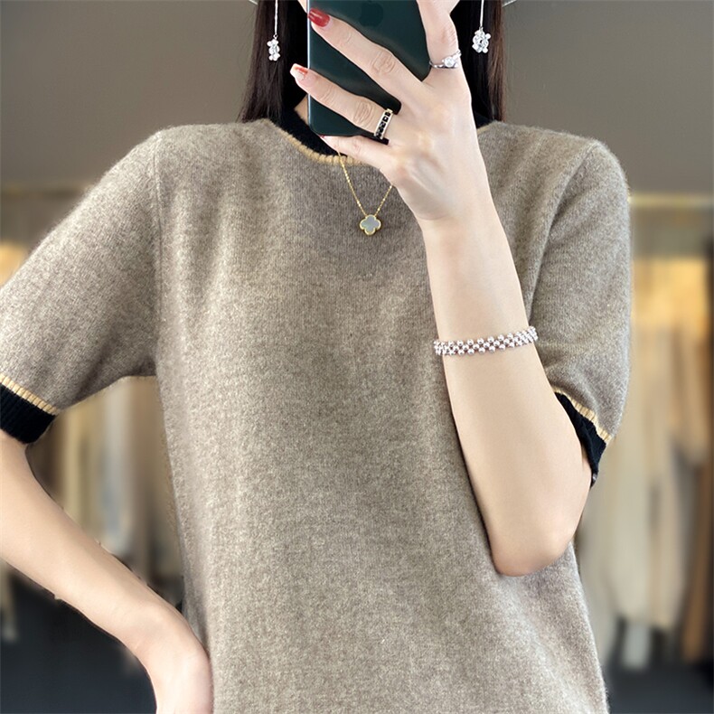 春秋新羊毛衫女圆领短袖拼色半袖宽松五分袖针织打底衫百搭,女装羊毛衫,朝辰羊绒