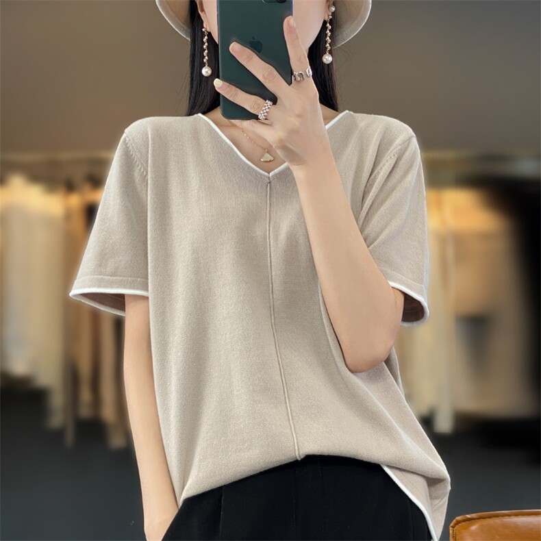 100%纯棉短袖t恤女2024春夏新款v领韩版宽松拼色百搭短款打底上衣,女装T恤,鹿一羊绒