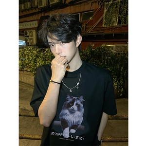 （260克双纱）趣味直喷小猫印花宽松情侣短袖T恤 1015-T500-P50图片