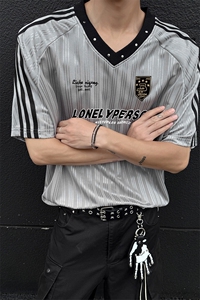 韩式休闲潮流痞帅条纹球衣宽松运动风时尚短袖T恤HY795TP35控58图片