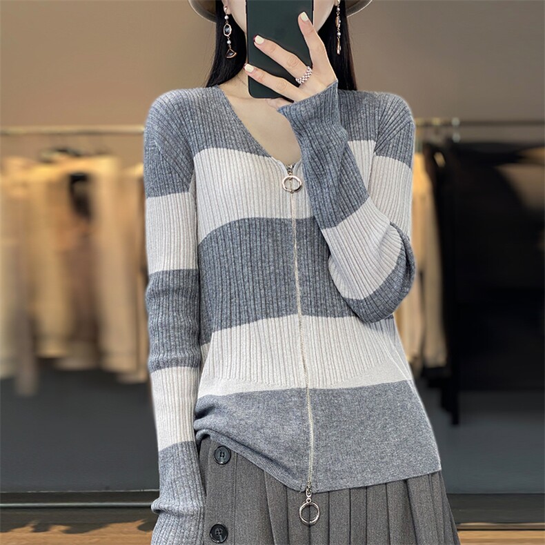 24春秋新款撞色针织V领开衫女复古洋气双拉链上衣精纺羊毛衫外套，女装羊毛衫，总能电商供货