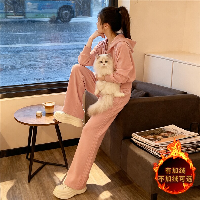 时尚休闲运动套装女秋冬新款宽松显瘦连帽开衫卫衣阔腿长裤两件套,女装套装/套裙,江南