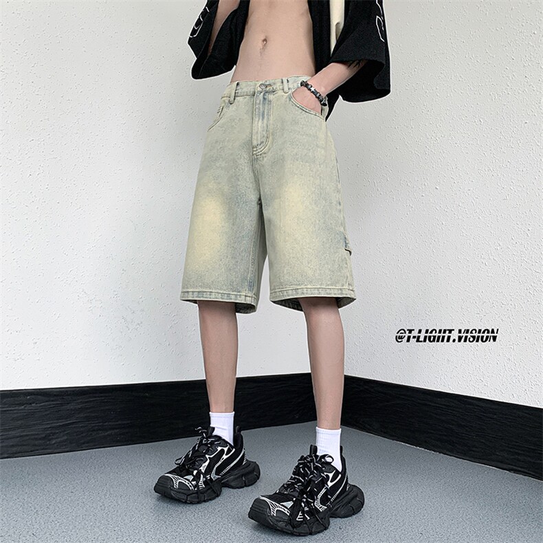 B221美式ins高街设计感拉链直通五分牛仔裤LK23082-P50控68,男装牛仔裤,电商B221