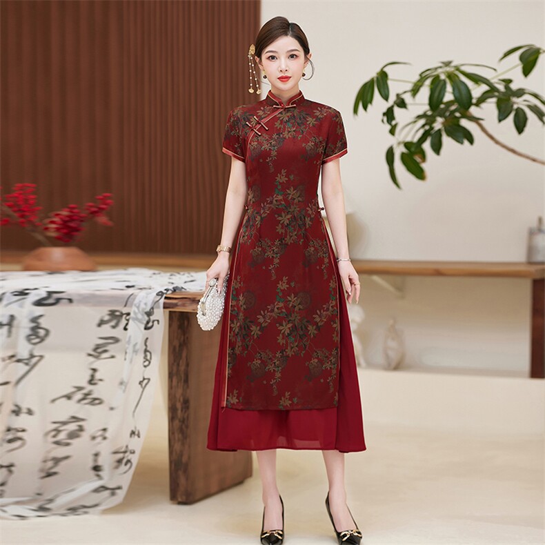 新款盘扣专柜旗袍奥黛连衣裙春季短袖仿真丝绸复古风2025,女装汉服/婚纱/旗袍/礼服,小荷流