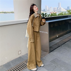 复古松弛感绣花外套阔腿裤两件套女秋季2025新款韩系小个子短夹克，女装套装/套裙，2C133