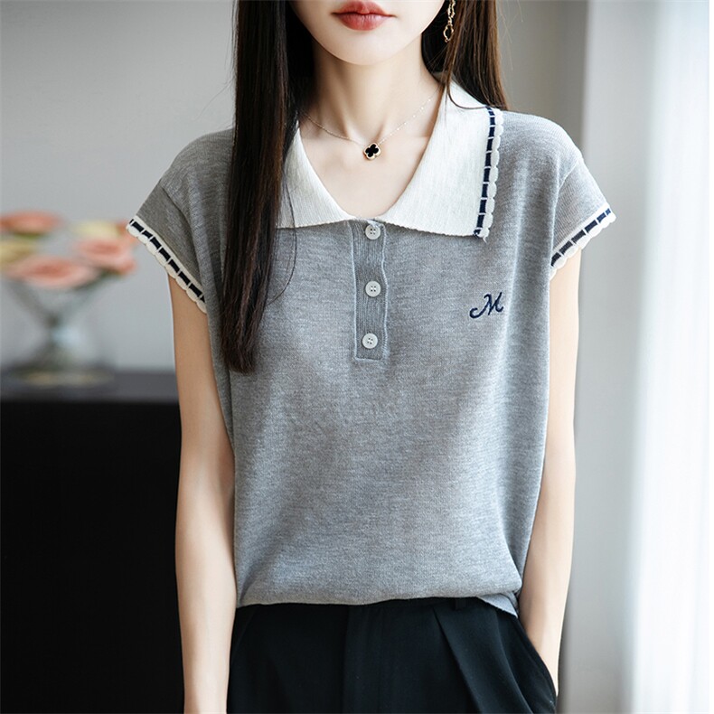 撞色翻领冰麻针织小飞袖T恤女2025夏薄Polo领上衣显瘦短袖t恤衫潮,女装T恤,菲奥羊绒