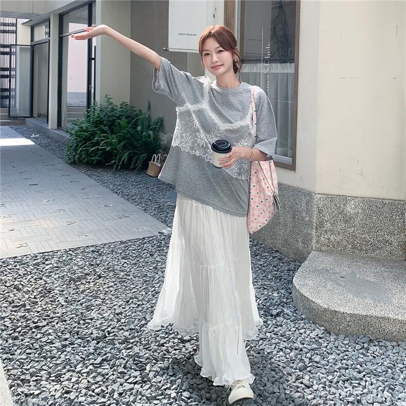 时尚温柔减龄淡人气质感套装女2025夏季蕾丝拼接T恤半身裙两件套,女装套装/套裙,浙宝069
