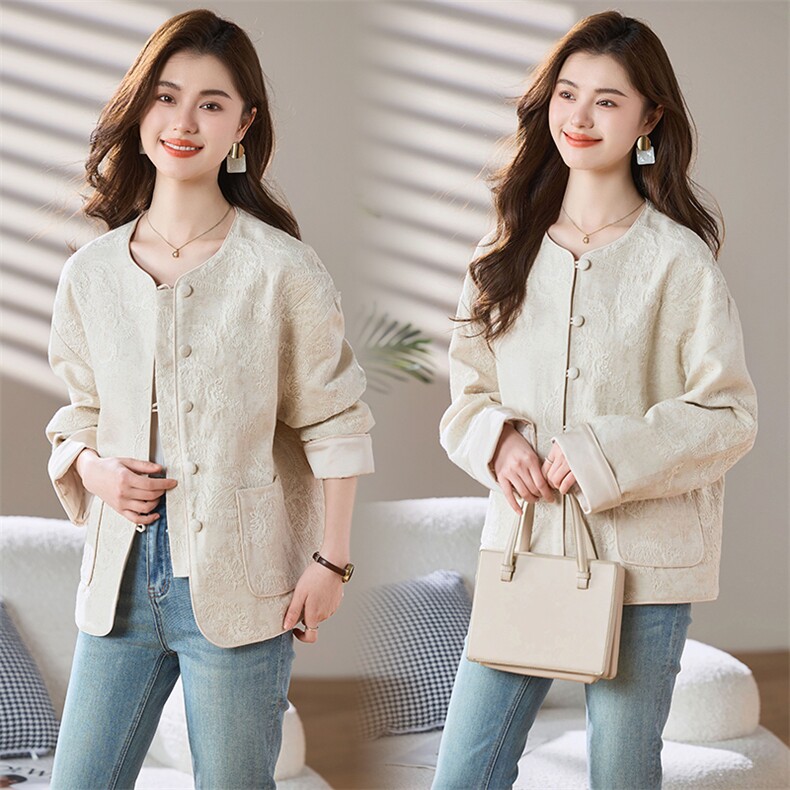 大码女装新中式国风提花气质外套春季肌理感夹色棉麻显瘦上衣,女装短外套,木橙西子