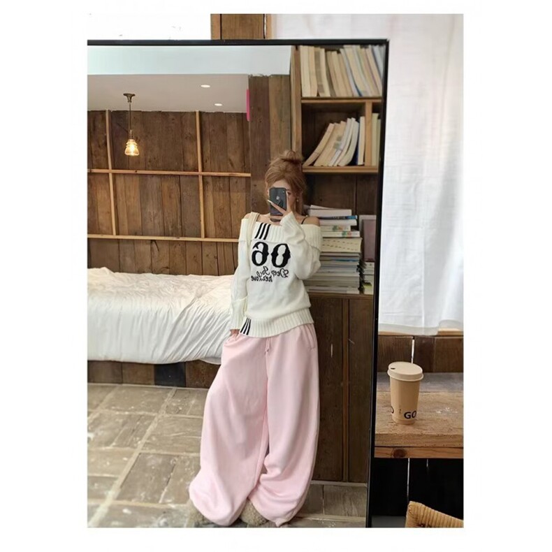 W11053-P58网图现货新款芭比粉高腰垂感宽松加绒拖地直筒裤,男装卫衣,星座1608