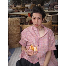 色织格纹泡泡纱宽松廊形短袖衬衫男设计感粉色衬衣CS287-P35，男装衬衫，星座1001-1