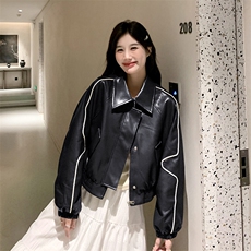 《48H发》美拉德皮衣棒球服拼色荧光条短外套，女装皮衣，辰辰家