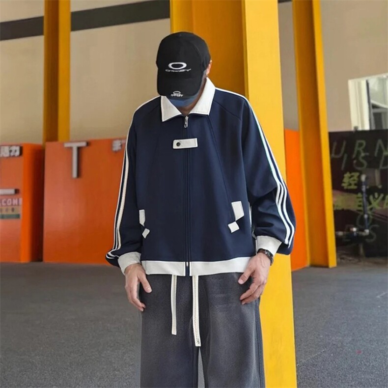 抖音得物品质秋冬美式高街重磅结构拼接织带翻领卫衣夹克外套W113,男装夹克,电商A486