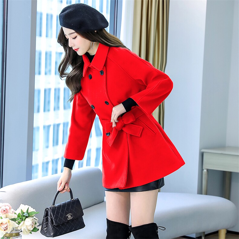 主推冬季双排扣中长款立领九分袖纯色简约时尚减零呢子斗篷大衣，女装毛呢外套，韩美纤衣