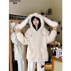 MAOYOU春季甜美蝴蝶结兔耳连帽卫衣女少女心韩系宽松帽衫外套上衣，女装短外套，星座506A