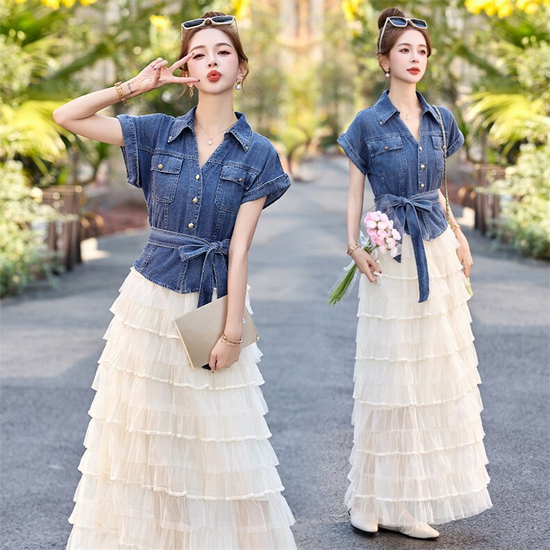 牛仔连衣裙2025年夏季新款气质小香风网纱蛋糕半身裙女，女装连衣裙，依多米