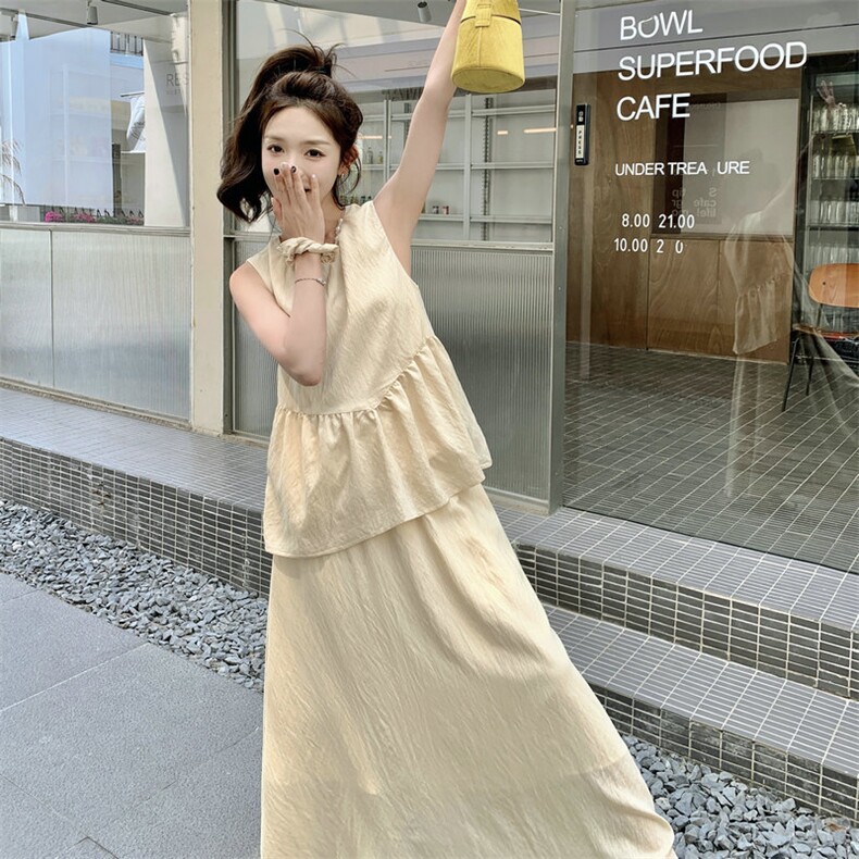 【现货】清冷感禅意新中式仿天丝珍珠领背心2件套8811-P125-K175,女装连衣裙,2C317A