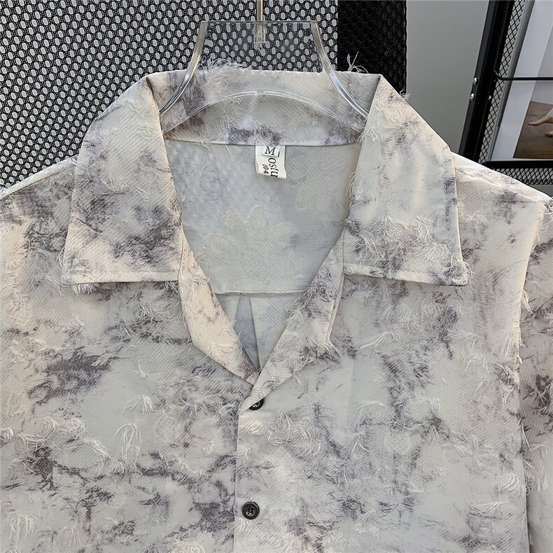 新中式复古毛边扎染短袖衬衫男女夏季新款设计感小众宽松衬衣外套,男装T恤,星座601-1