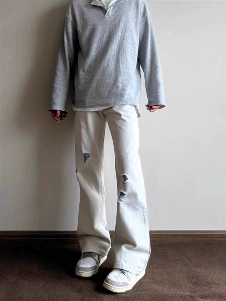 美式复古破坏白灰色牛仔裤男潮牌痞帅炸街裤子cleanfit微喇直筒裤,男装牛仔裤,星座613