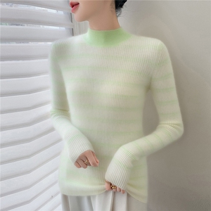 减龄撞色条纹~软糯小山羊绒衫女半高领长袖保暖修身针织打底毛衣图片
