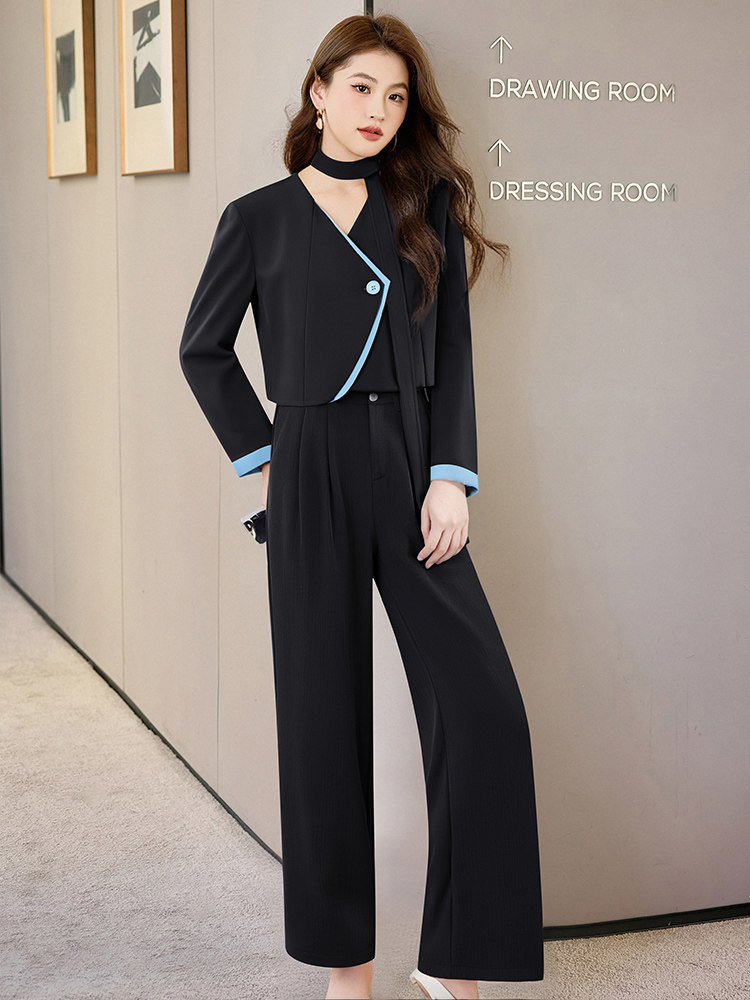 2025新款春季洋气不规则拼接西装外套长裤灰色套装女,女装套装/套裙,时尚俏佳人