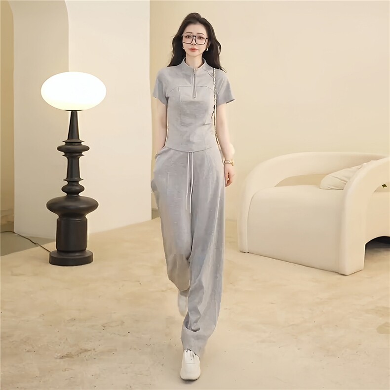 韩版时尚休闲套装女夏季新款高级感立领半开拉链上衣阔腿裤两件套图片