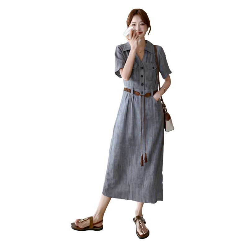 《档口现货26夏上新》气质三色天丝亚麻透气舒适连衣裙配腰带女,女装连衣裙,苗苗