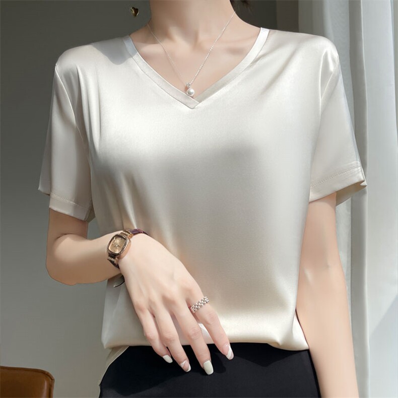 醋酸短袖T恤女25春圆V领简约半袖白色桑蚕丝真丝缎面内搭西装上衣，女装T恤，羊特美羊绒