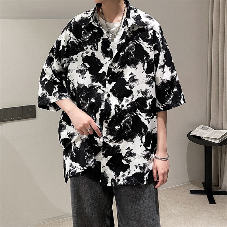 夏季豹纹短袖衬衫男女ins五分袖冰丝衬衣夜店潮A071-C59-P38，男装T恤，电商A071