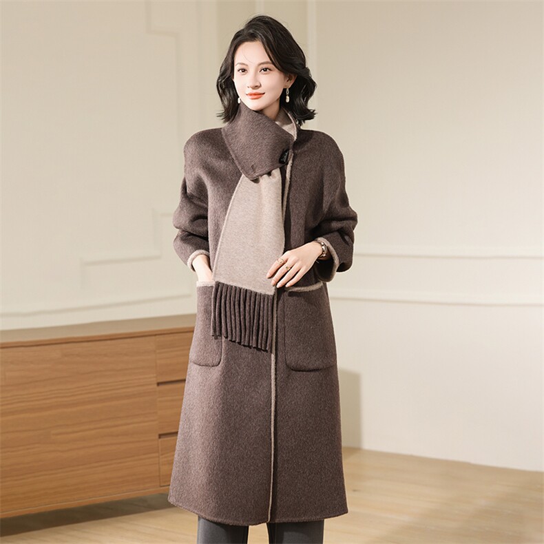 2025百搭时尚圆领两面穿宽松大衣戴围巾，女装毛呢外套，贝源羊绒