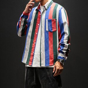 秋季中国风宽松潮男休闲粗条纹棉麻长袖衬衫嘻哈情侣衬衣C110/P55图片