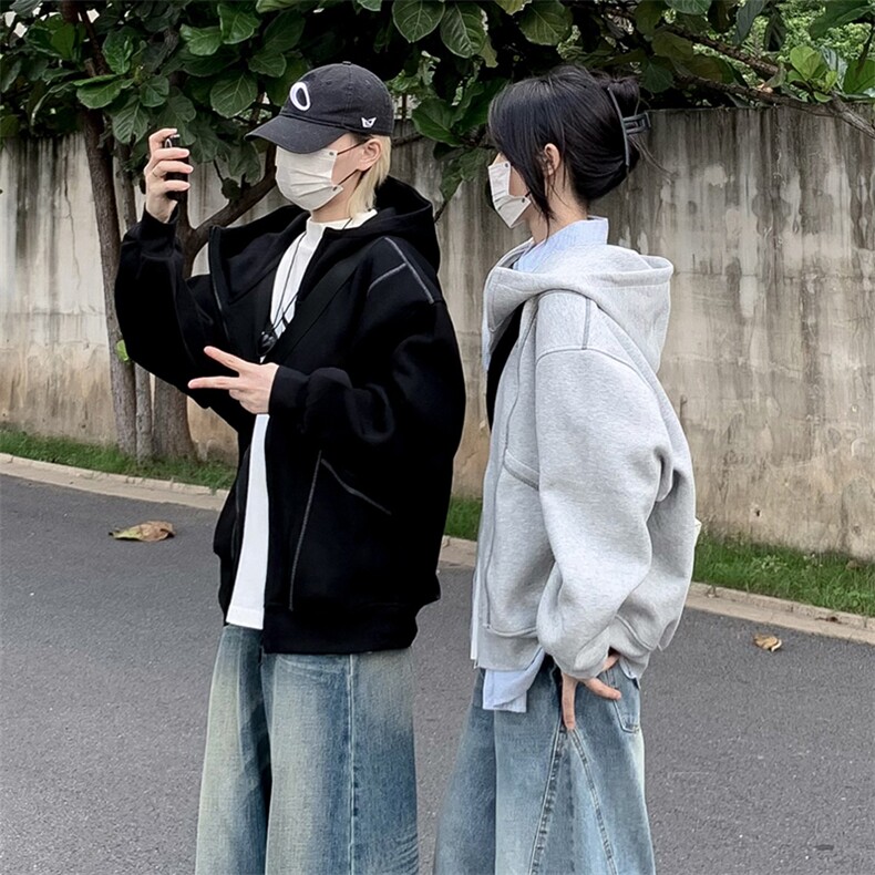 抖音得物高品质秋冬美式高街重磅结构辑明线纹理连帽卫衣外套W111,男装卫衣,电商A486