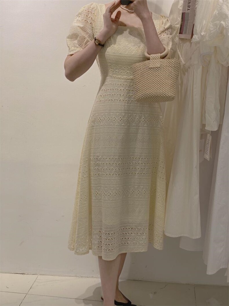 简约方领钩花长裙，其它，驿谷