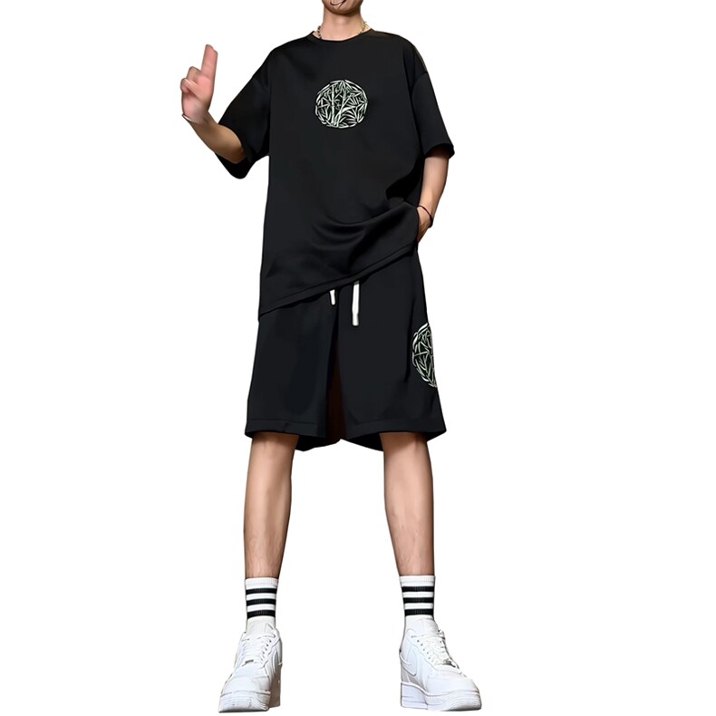 量大优供视频菠萝格套装刺绣短袖短裤男大码M-5XTZ27-特P48,男装休闲套装,电商B325