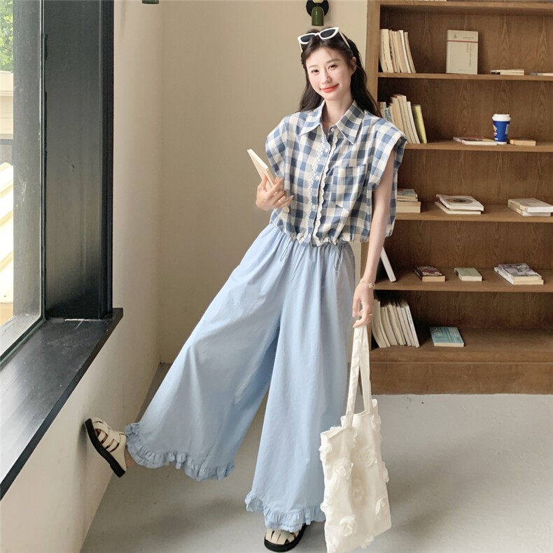 韩系甜美学院风蕾丝花边格子衬衣套装女夏季2025新款阔腿裤两件套,女装套装/套裙,2C135