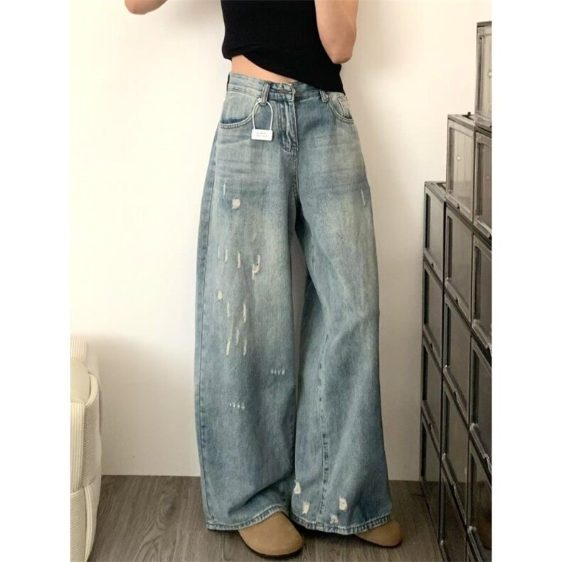 美式复古水洗破洞牛仔裤男女cleanfit宽松休闲新款高街直筒裤子潮图片