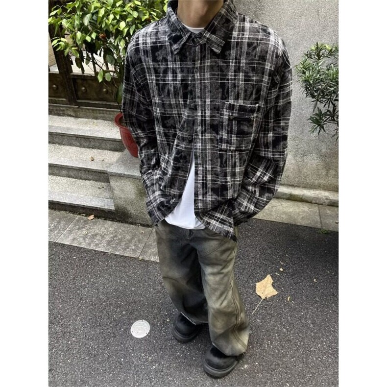 美式格纹毛边长袖衬衫衬衣男宽松日系复古情侣休闲外套WLJ066-p43,男装衬衫,星座1008