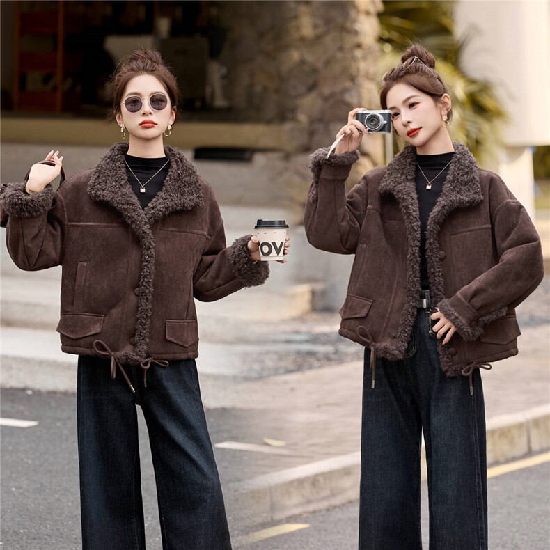 麂皮绒皮毛一体羊羔毛外套女秋冬2025新款机车服棉服,女装短外套,牡丹诺