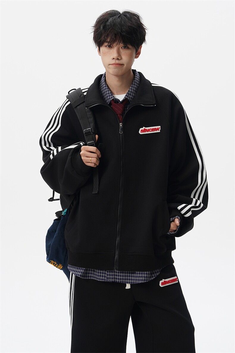 8XL-M条纹撞色开衫新年红卫衣运动套装潮牌运动服校园风TZ114P118,男装休闲套装,电商D206-1