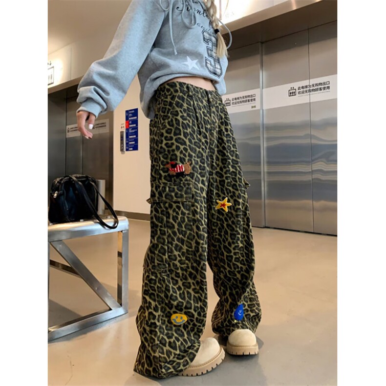 秋季豹纹牛仔裤女复古设计感宽松高腰直筒百搭休闲阔腿裤KN7054,男装牛仔裤,星座1116A（原606A-3）