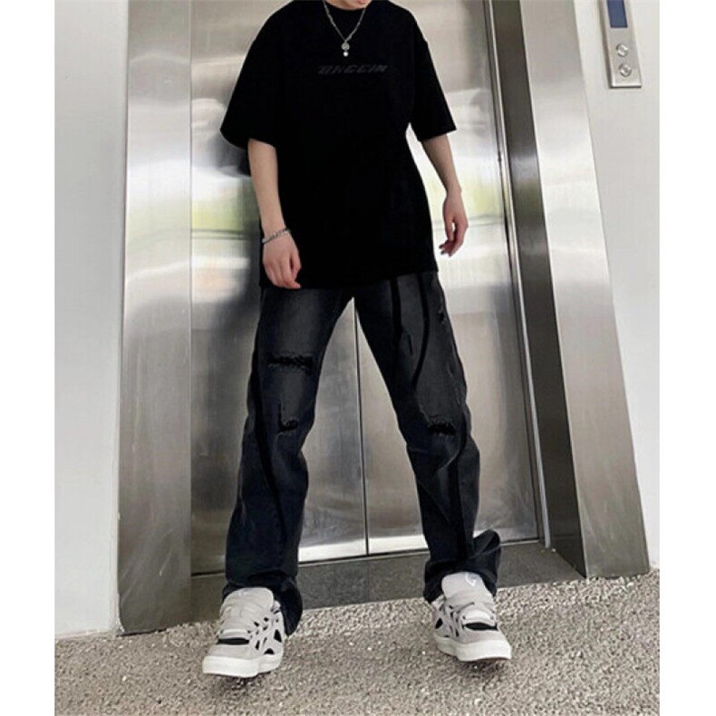 高街小众设计感撞色喷印破洞牛仔裤男宽松直筒宽松长裤子NL739,男装牛仔裤,星座1116A（原606A-3）