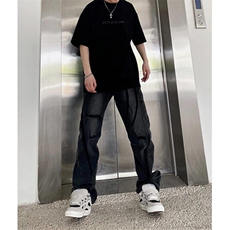 高街小众设计感撞色喷印破洞牛仔裤男宽松直筒宽松长裤子NL739，男装牛仔裤，星座1116A（原606A-3）