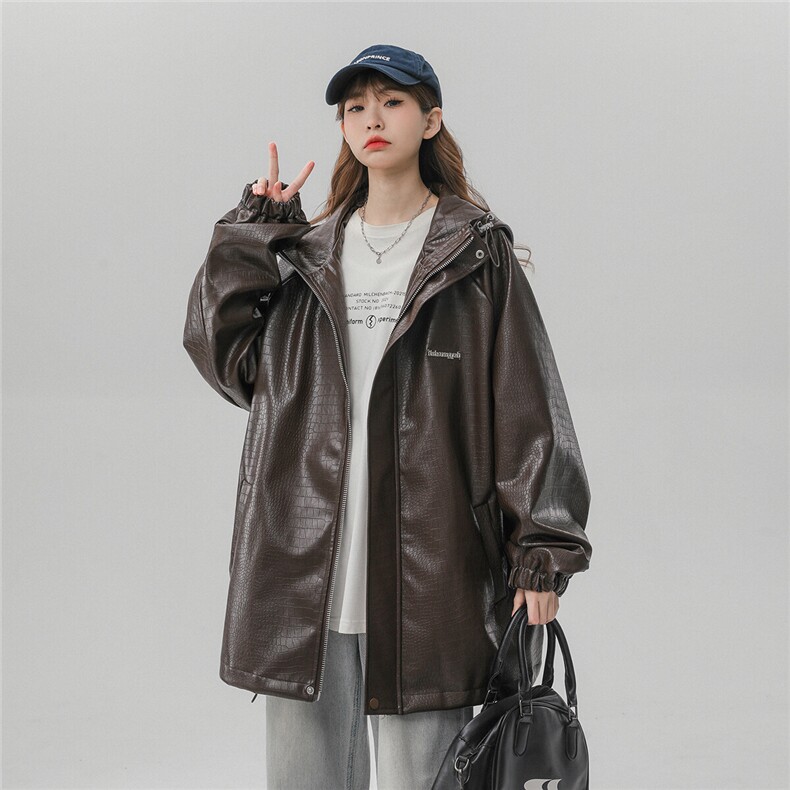 中性连帽鳄鱼纹PU皮衣大码情侣休闲冲锋衣夹克男JK8744P90控128图片