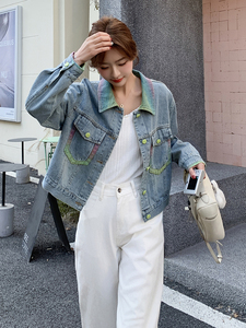 促销2025春季时髦休闲潮流气质宽松百搭彩色翻领单排扣牛仔短外套图片