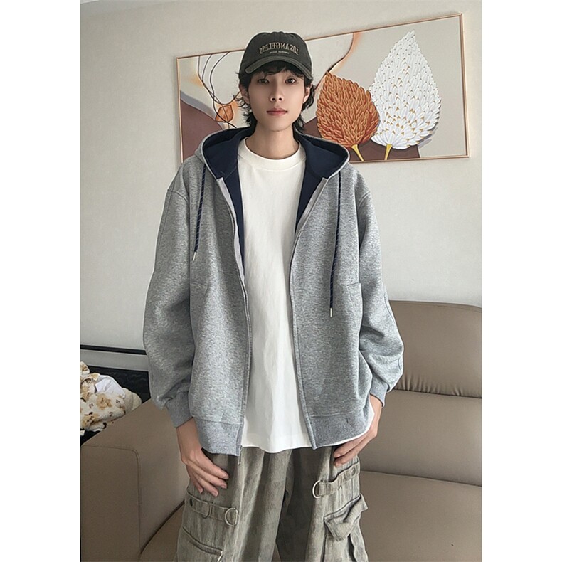 抖音得物二开美式高街重磅结构双层撞色连帽卫衣开衫外套W116,女装短外套,电商A486-1