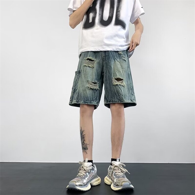 破洞牛仔短裤男女韩版潮流高街夏季2024新款ins五分裤RK2053-P39,男装牛仔裤,星座412-2