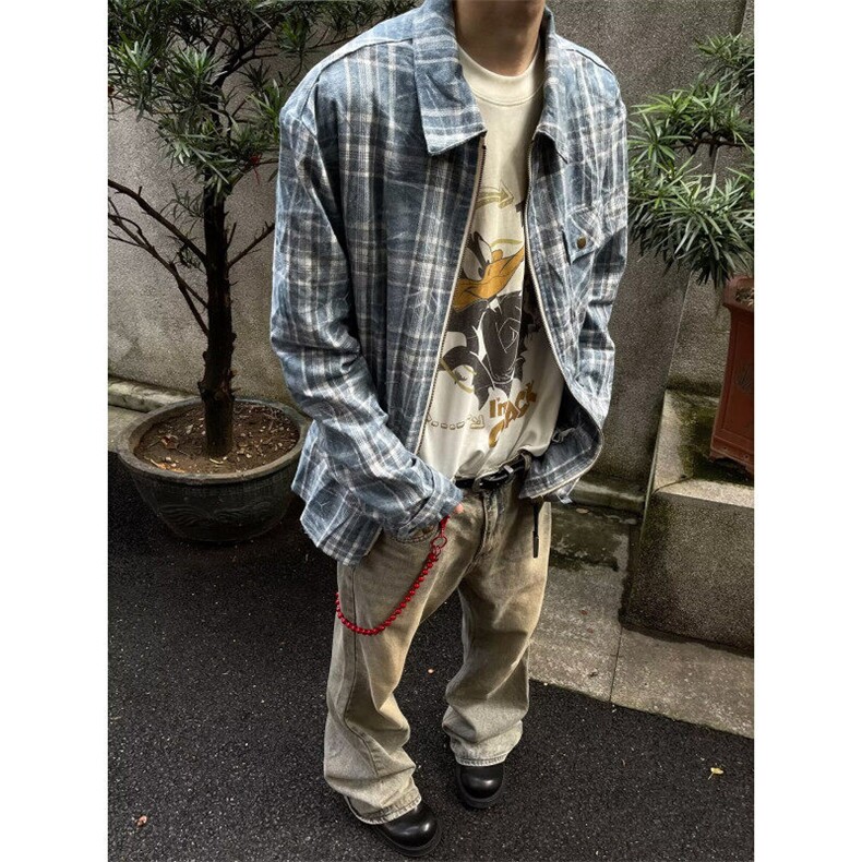 DK362-P55美式拉链格子长袖衬衫男女宽松百搭情侣衬衣-网图现货,男装衬衫,星座603-2