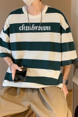 1港风美式字母印花设计T恤男大码潮宽条纹短袖T恤77023P35控58，男装T恤，星座226-2