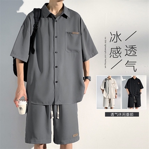 特批P50无差价夏季短袖衬衫短裤男大码垂感薄款运动休闲套装TZ053图片