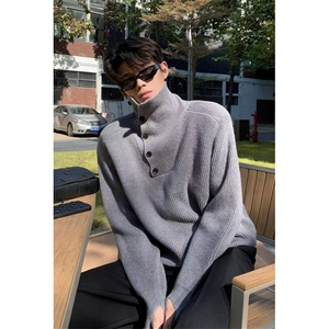 冬季高领毛衣男女中性风长袖纽扣套头休闲打底针织毛衫 MK73图片
